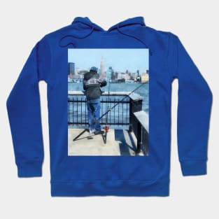 Hoboken NJ - Man Fishing Off Hoboken Pier Hoodie